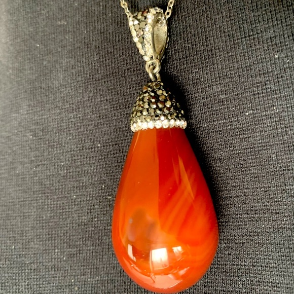 Big Semiprecious stone light brown gem stone pendant necklace rhinestones chain - Picture 4 of 15